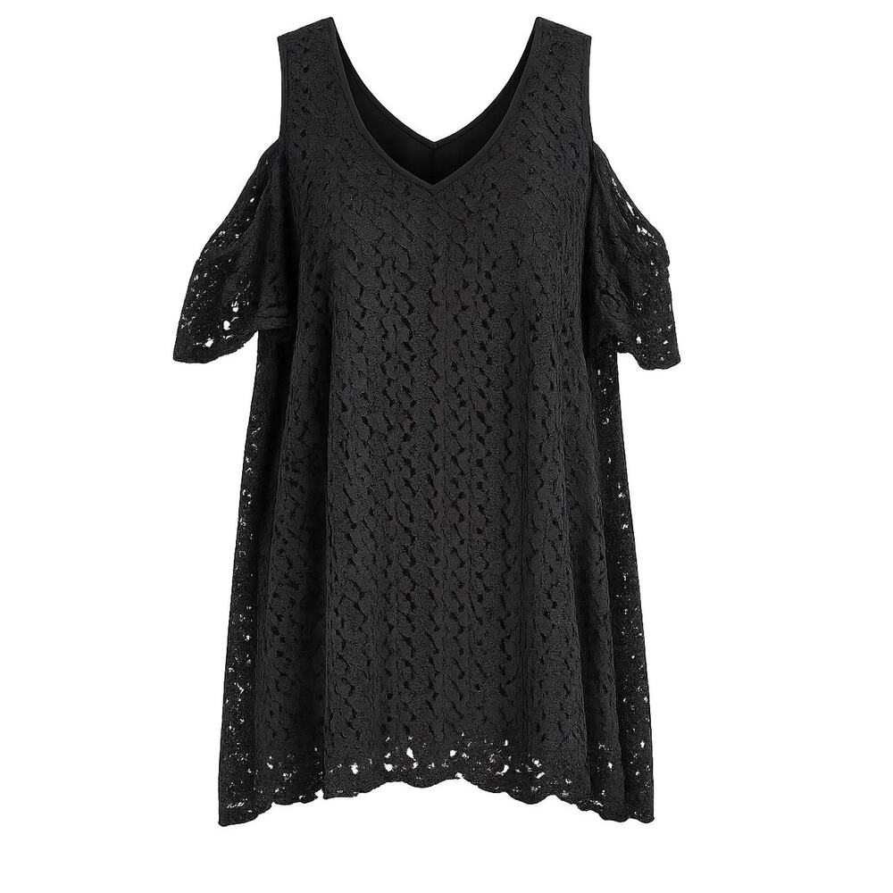 Avenue Black Lace Cold Shoulder Fully Lined Short Sleeve Top - Size 26 Plus